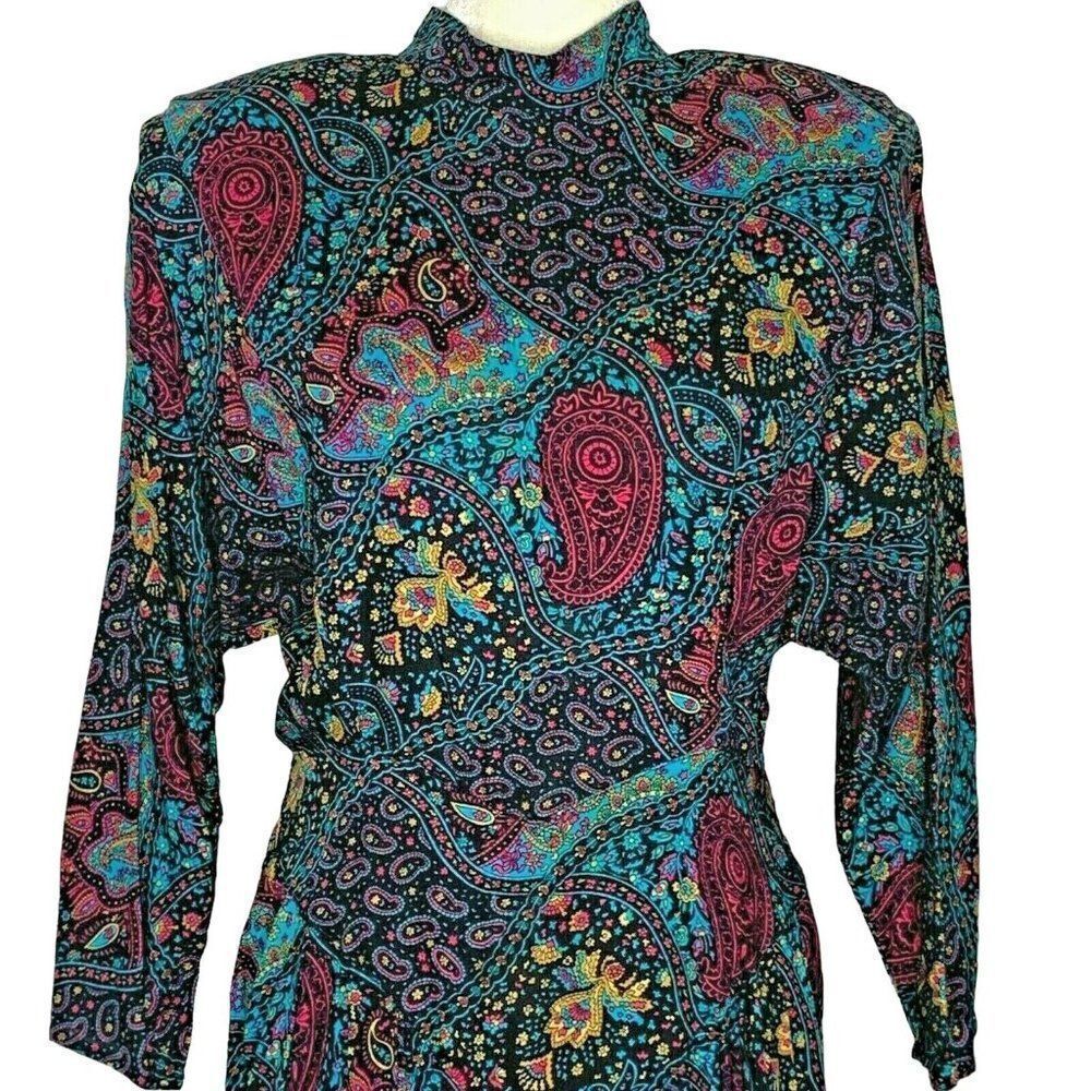 Vintage 80s Maggie Lawrence Shift Dress M Black Paisley Buttons